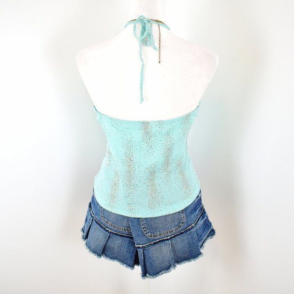 Vintage 00s Y2K Blue Glitter High Neck Tie-Up Halter Tank Top Size Juniors Large - Picture 3 of 5